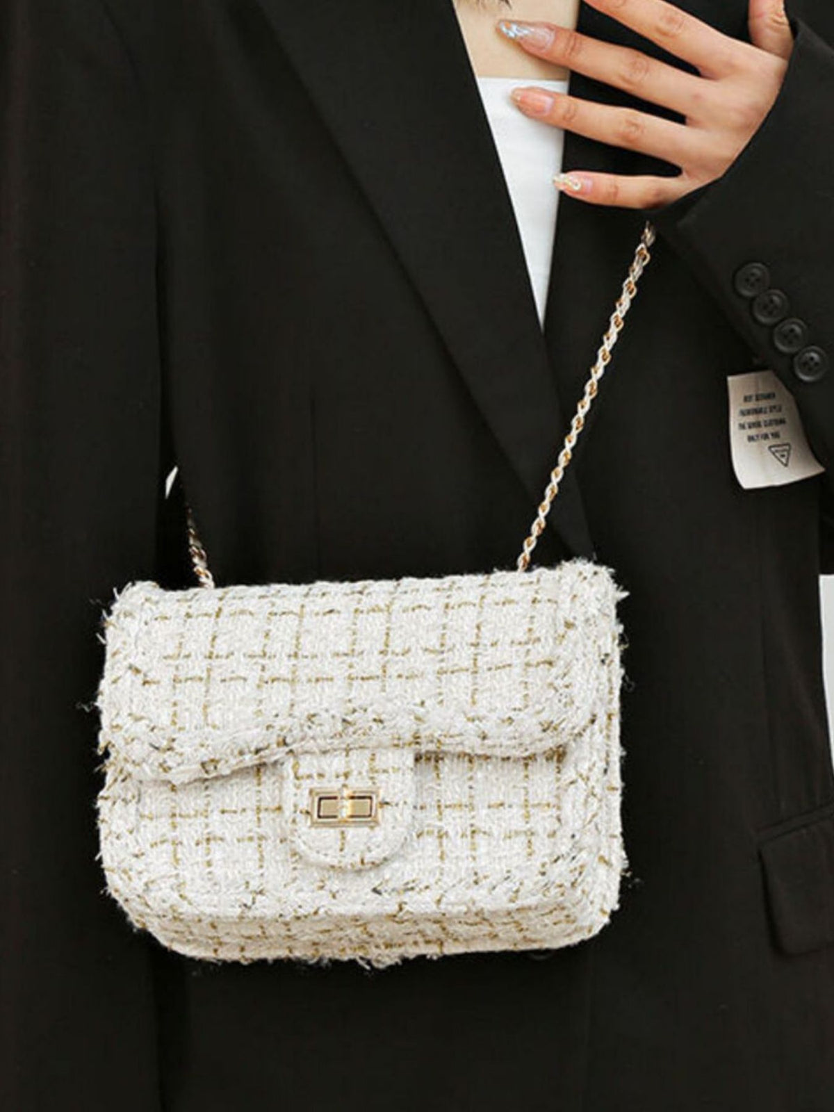 Tweed Chain Shoulder Bag - White - View 5