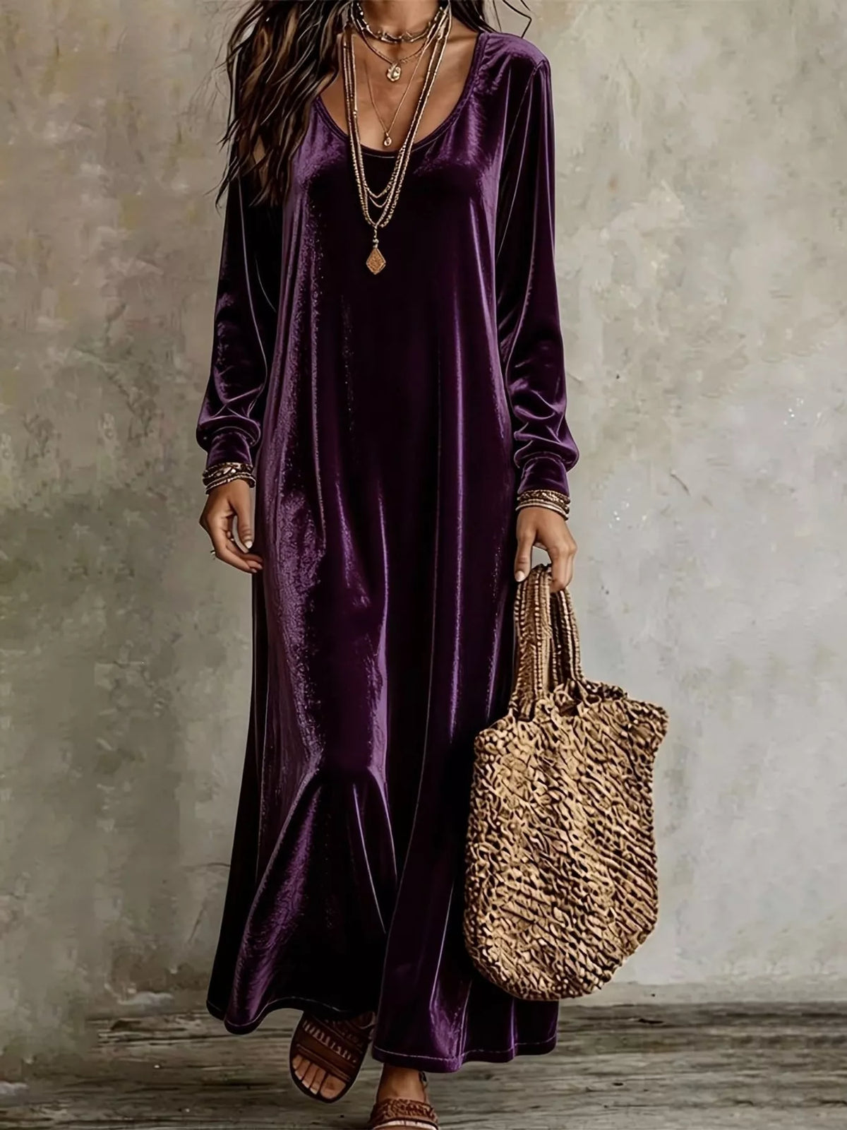 Velvet Long-Sleeve Maxi Dress - Purple - View 27
