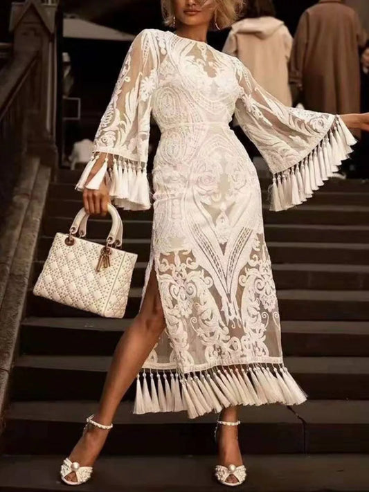 Full Size Tassel Hem Lace Flare Sleeve Dress Plus Size - product photo 2