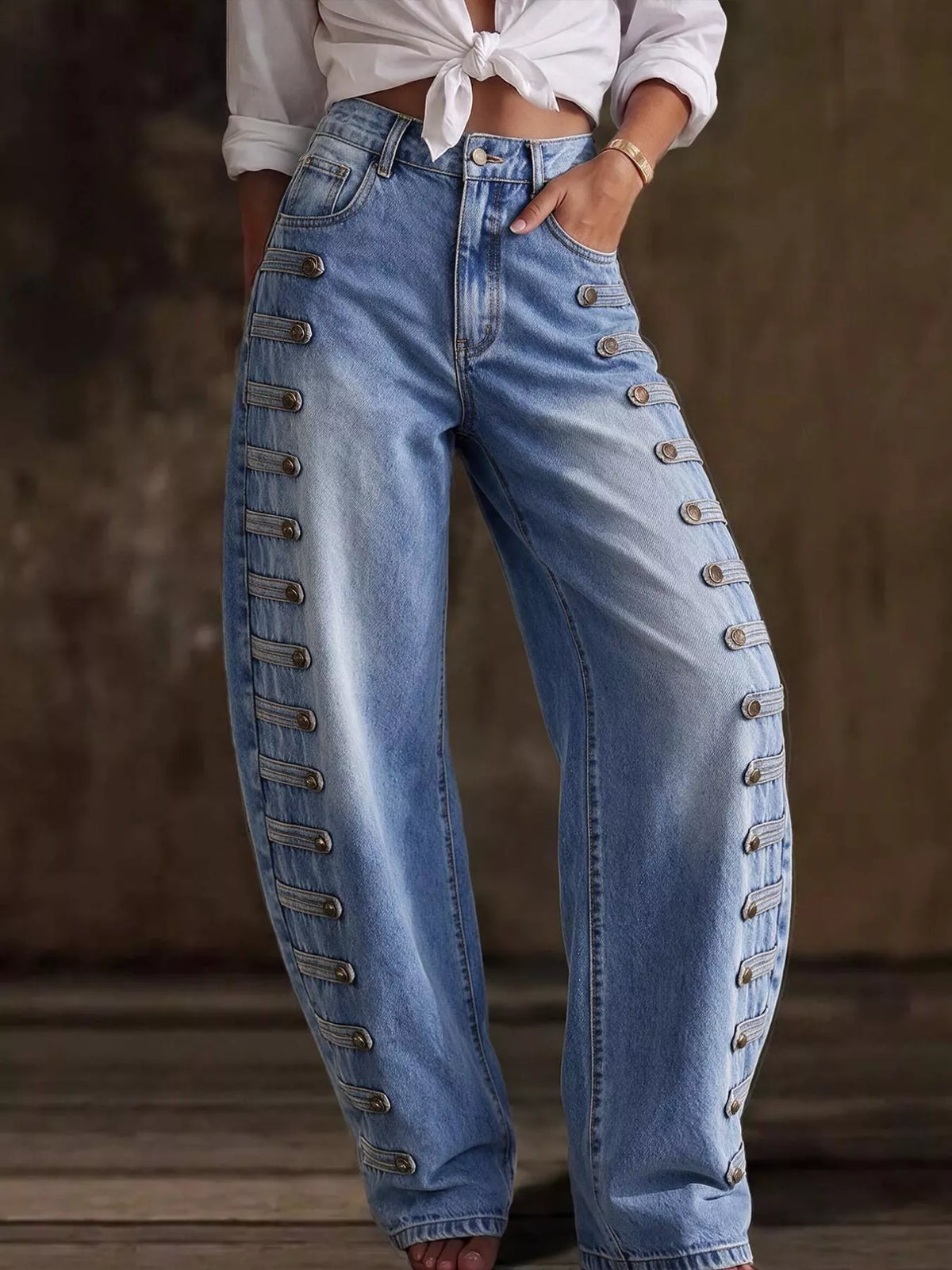 Decorative Button Wide Leg Jeans - Blue - View 21