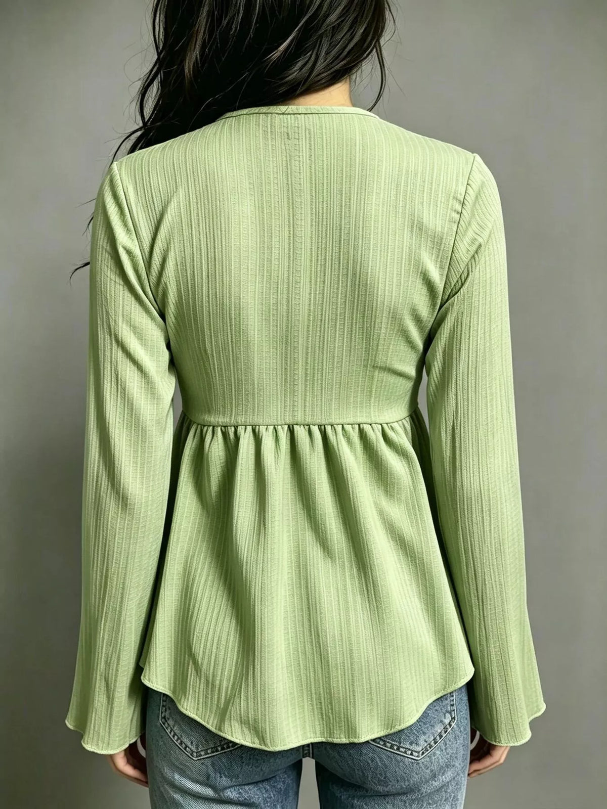 Tie-Front Flare Sleeve Blouse - Lime - View 2
