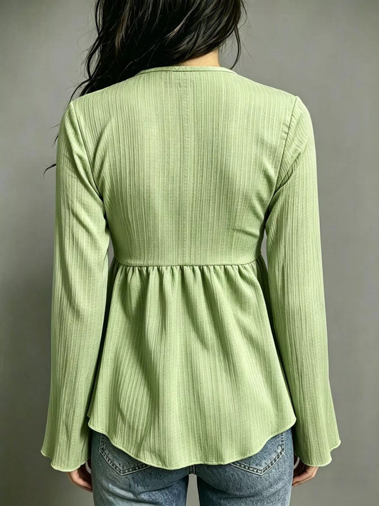 Tie-Front Flare Sleeve Blouse - Lime - View 2