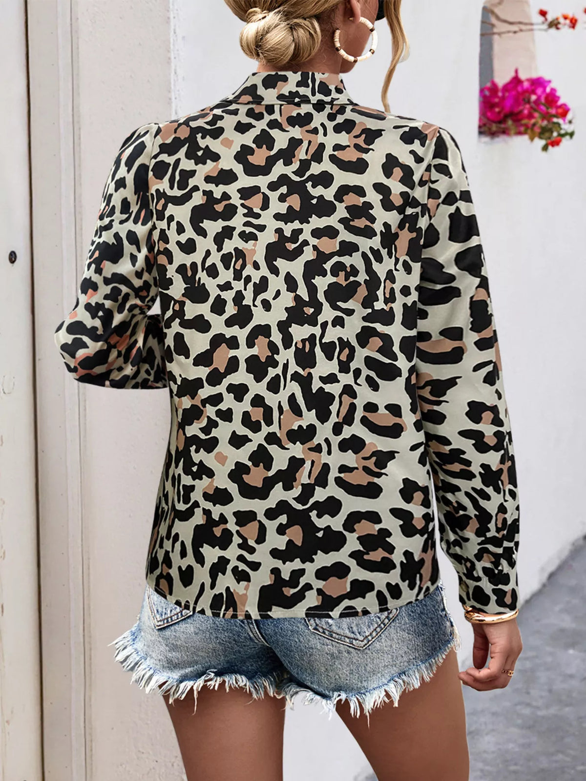 Printed Button-Down Long Sleeve Shirt - Leopard - View 3