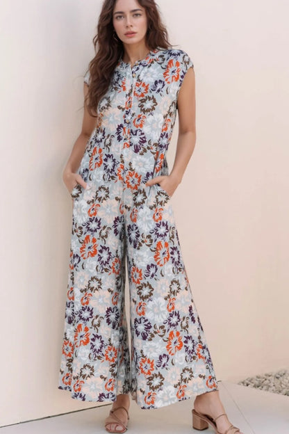 Floral Sleeveless Button Front Wide Leg Jumpsuit - Floral - View 1