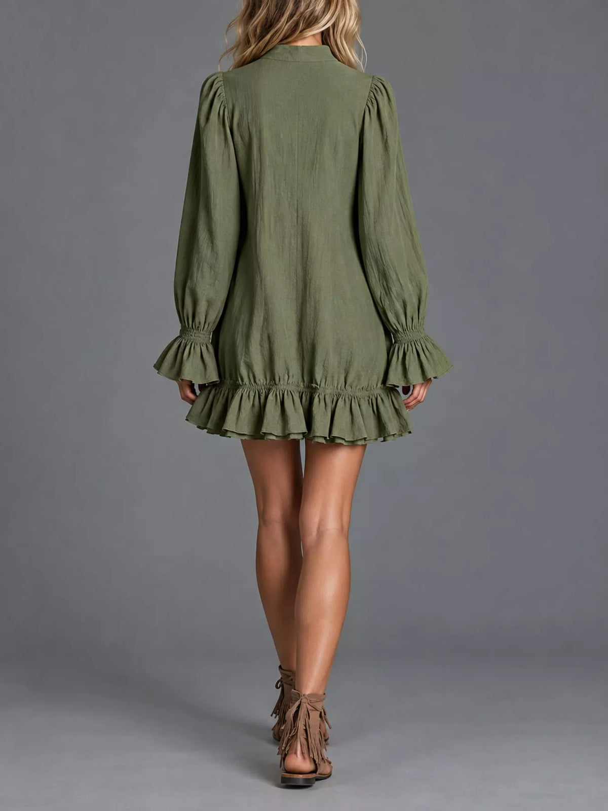 Zipper-Front Ruffle Hem Mini Dress - Army Green - View 13