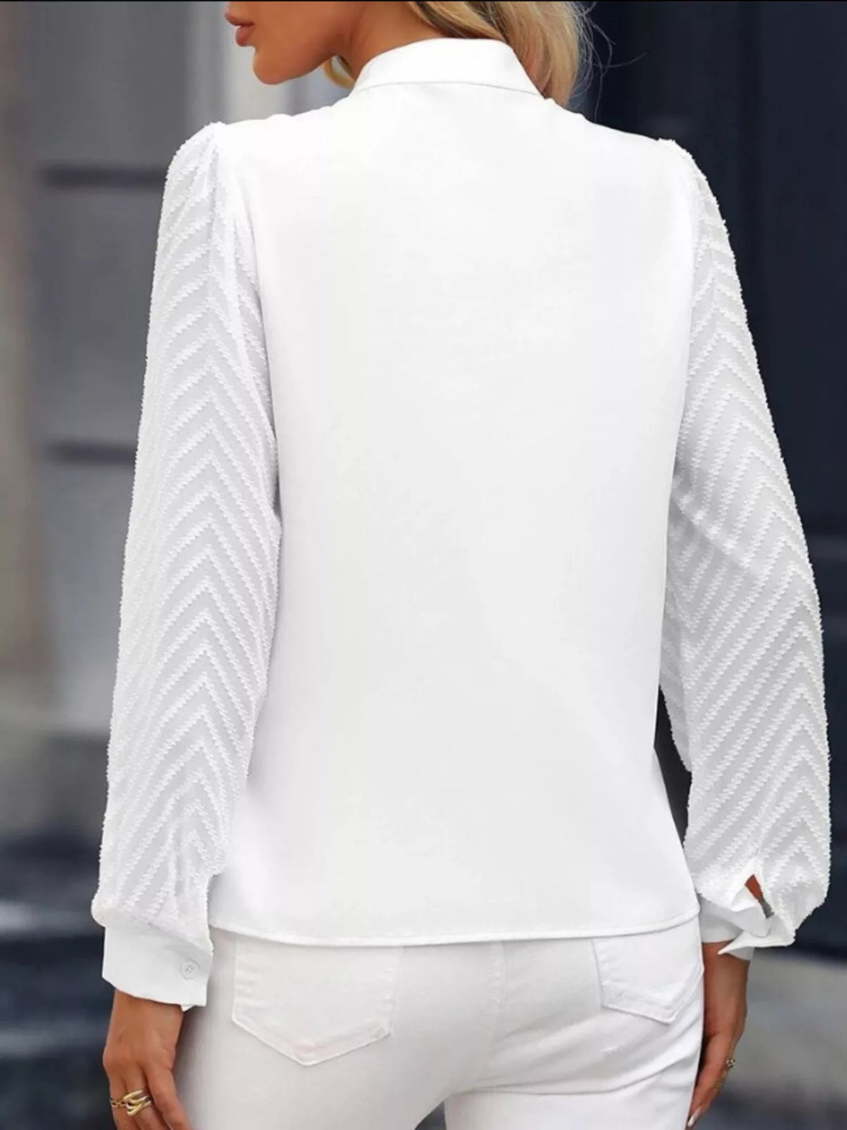Notched Long Sleeve Blouse - White - View 12