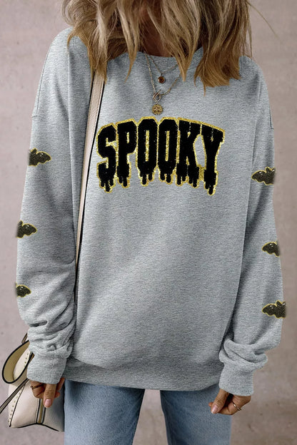 Sequin SPOOKY Halloween Bat Embellished Sleeve Pullover Sweatshirt - Gray - View 5