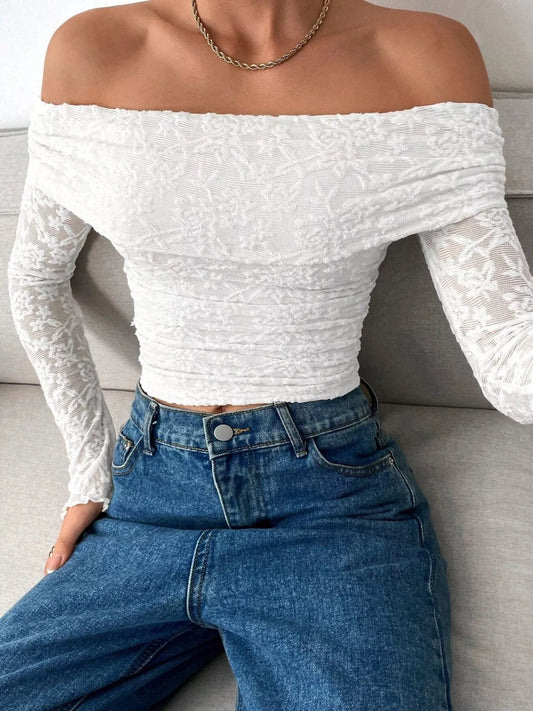 Lace Off-Shoulder Long Sleeve Top - White