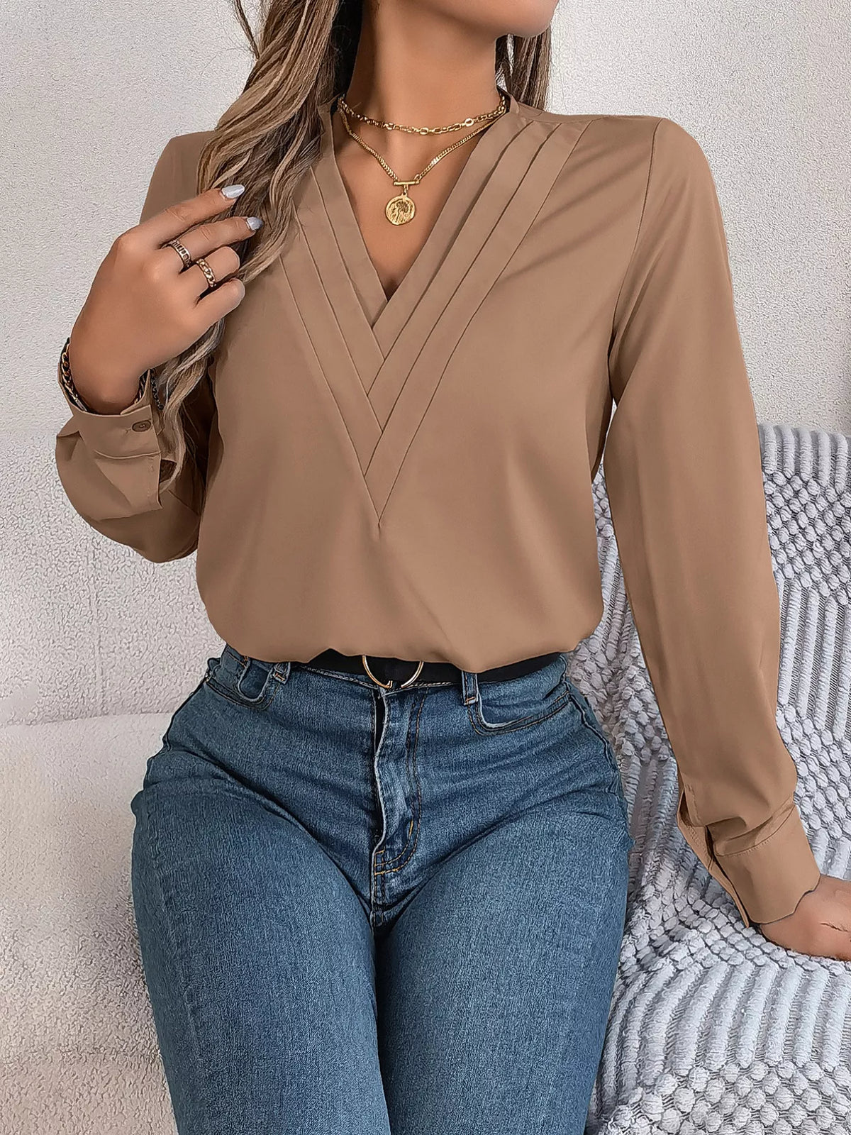 Layered V-Neck Long Sleeve Blouse - Mocha - View 17