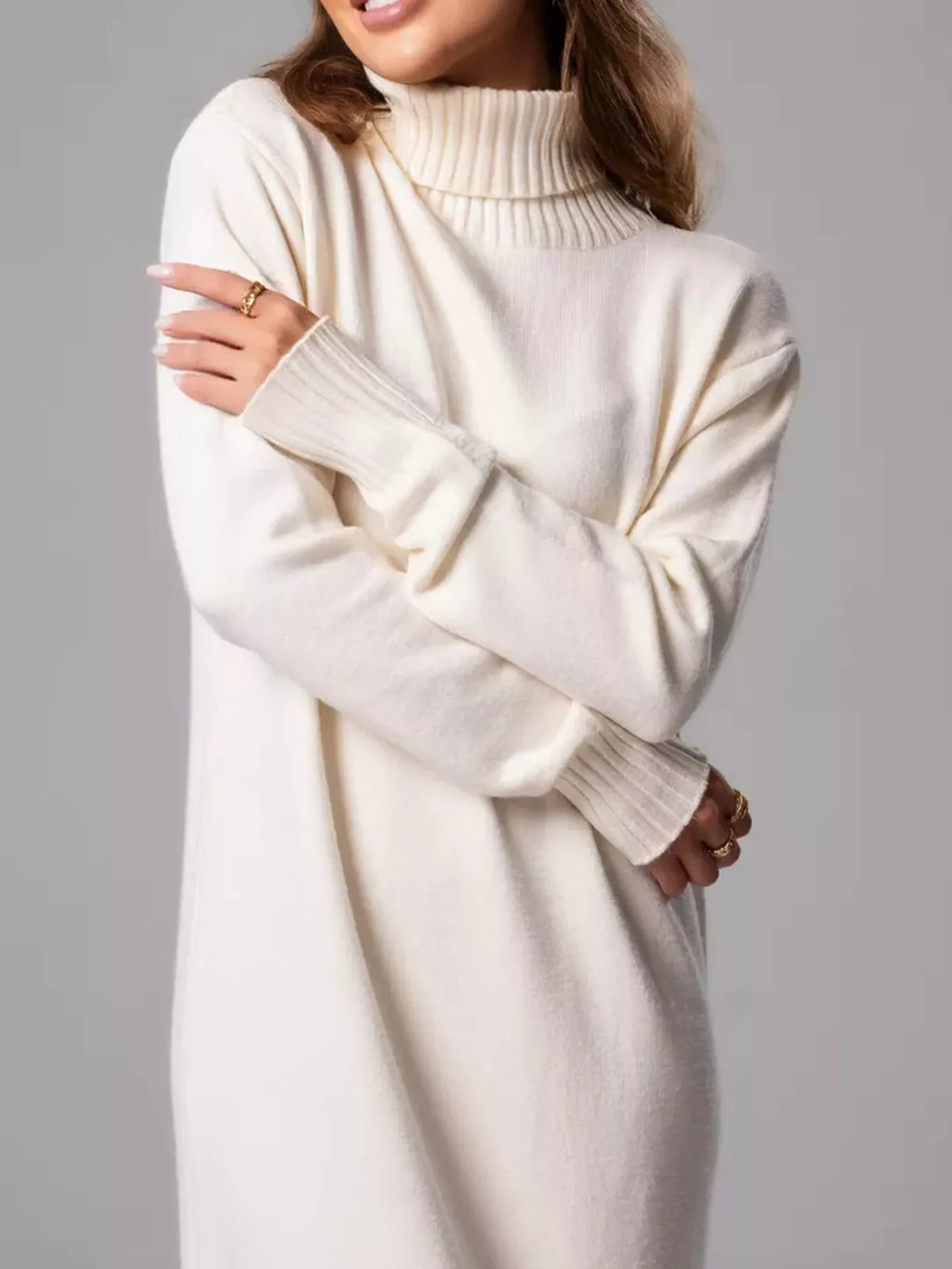 Turtleneck Ribbed Knit Sweater Dress - White - View 8