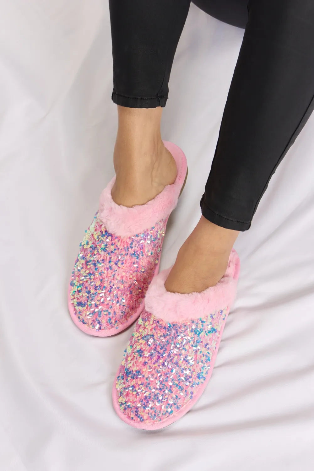 Forever Link Sequin Plush Round Toe Slippers - PINK - View 1