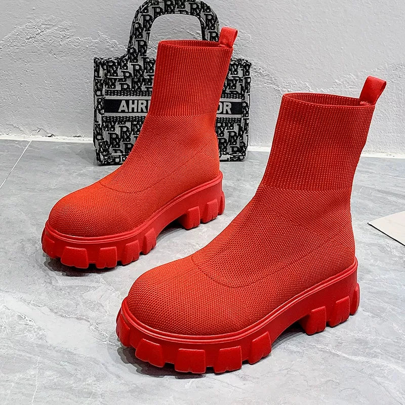 Round Toe Block Heels Boots - Red - View 21