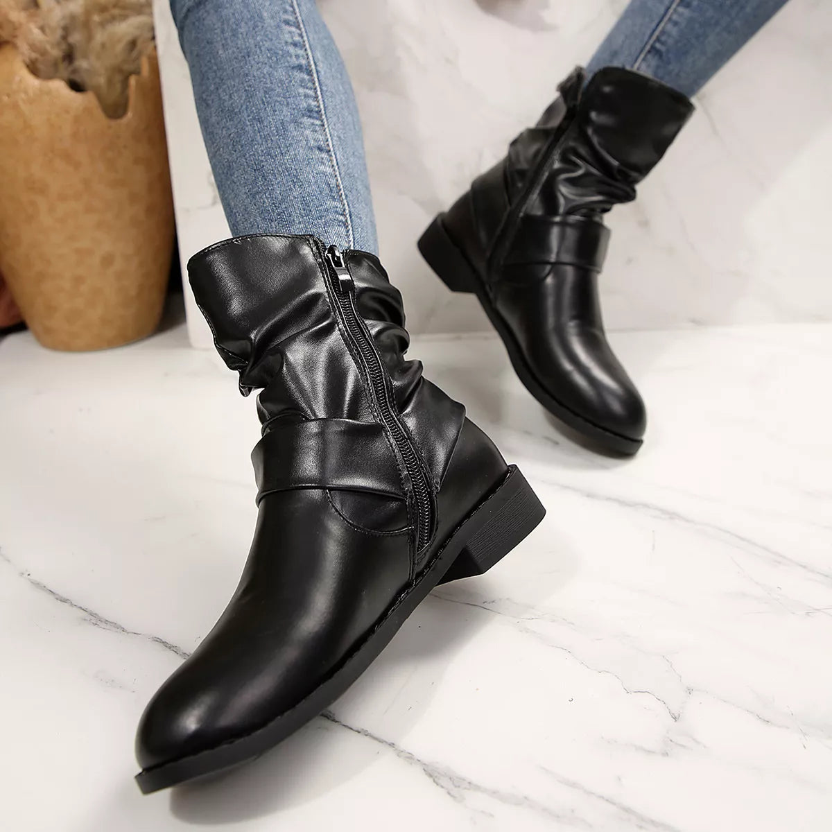 Round Toe Low Heel Boots - Black - View 4