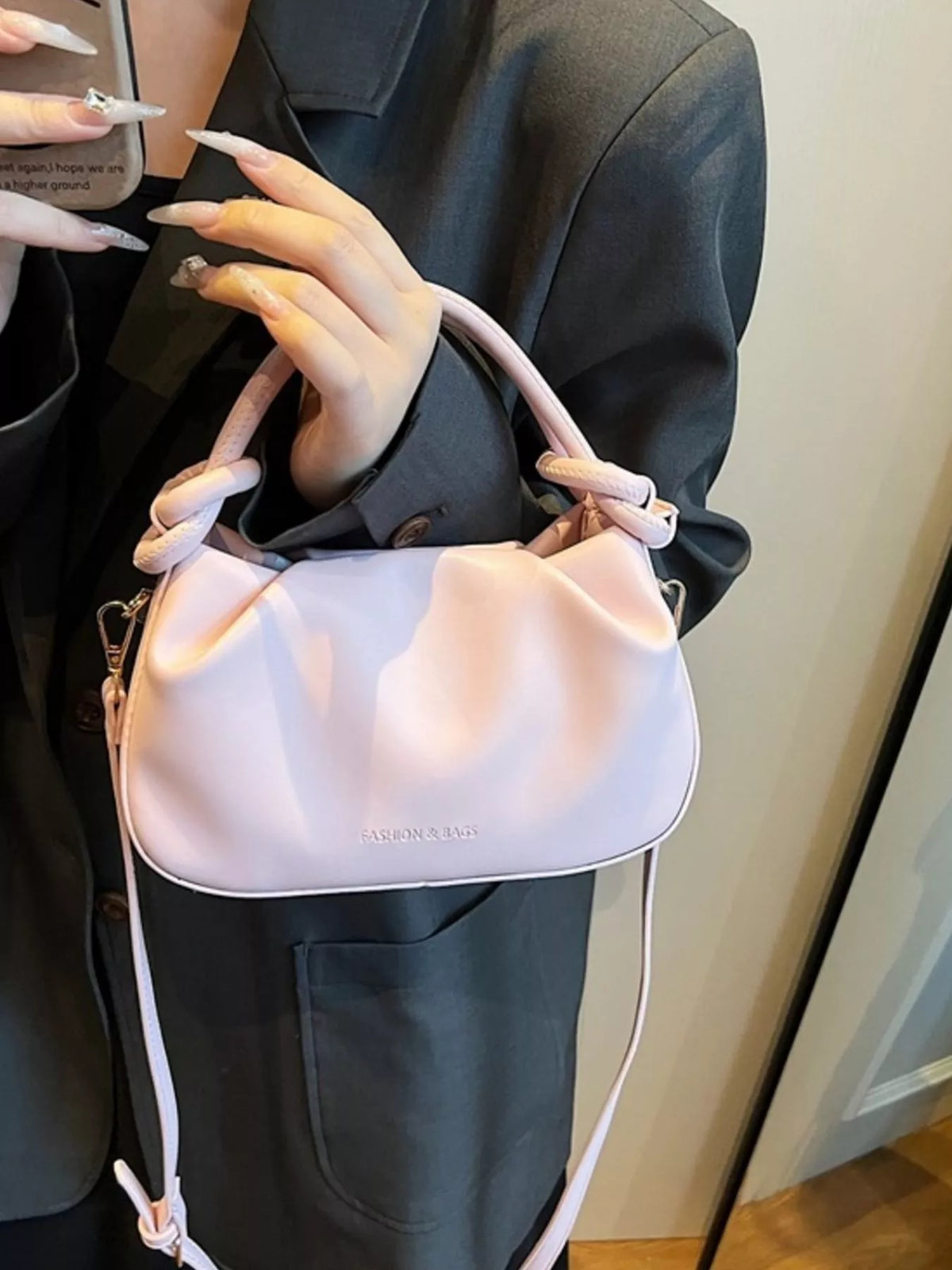 Knot Handle Ruched Crossbody Bag - Pink - View 3