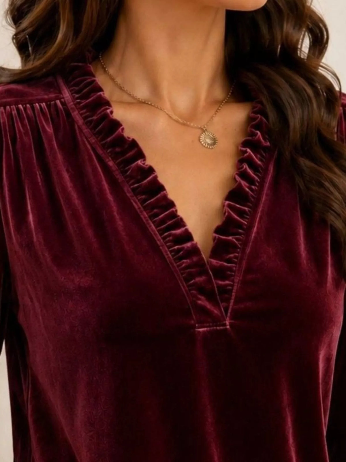 V-Neck Ruffle Trim Velvet Blouse - Burgundy - View 2