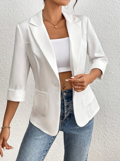 Classic Lapel Collar One Button Blazer - White - View 3