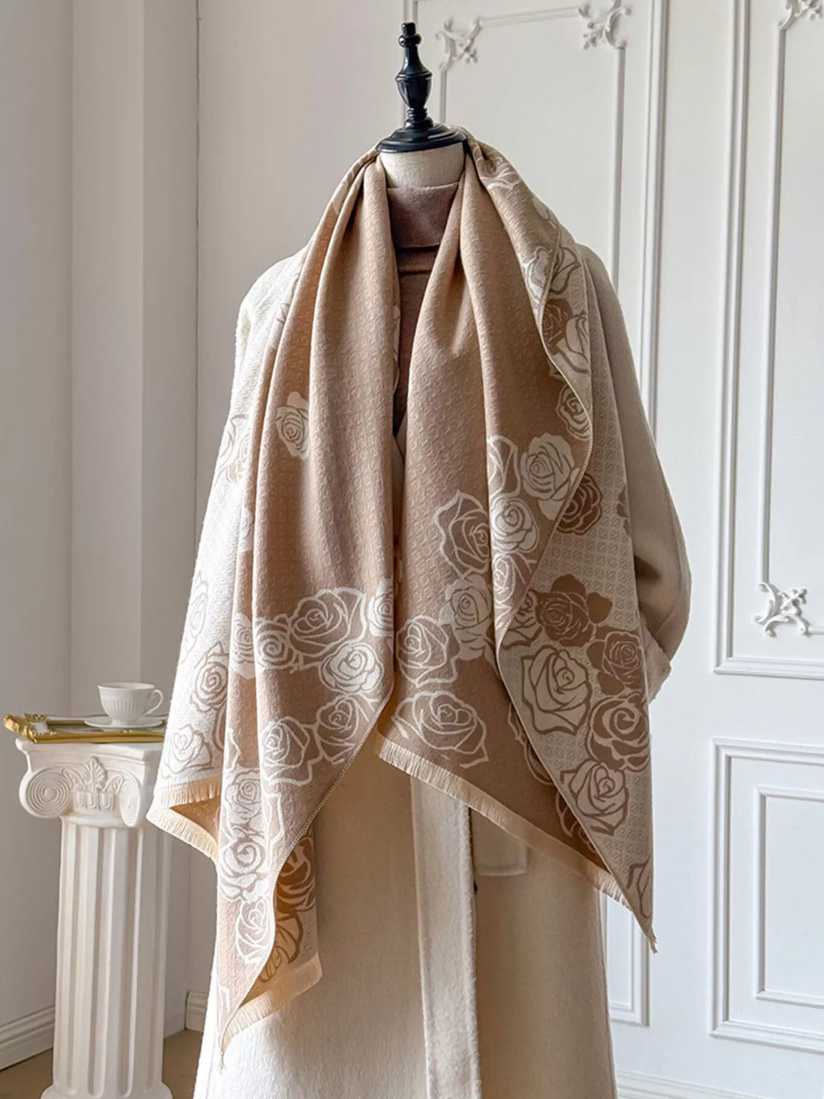 Rose Pattern Warm Scarf - Khaki - View 9