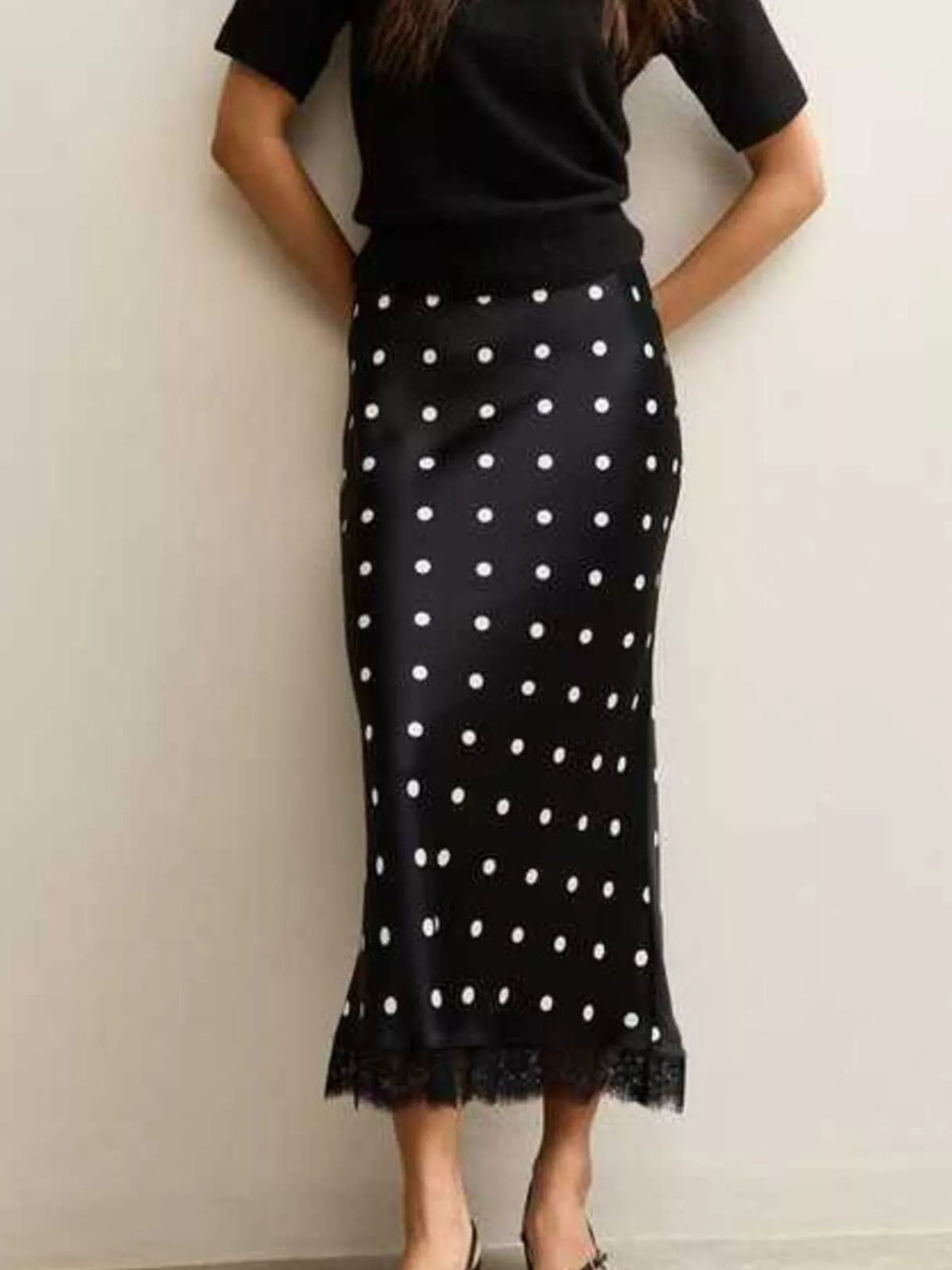 Polka Dot Midi Skirt with Lace Trim - Black - View 5
