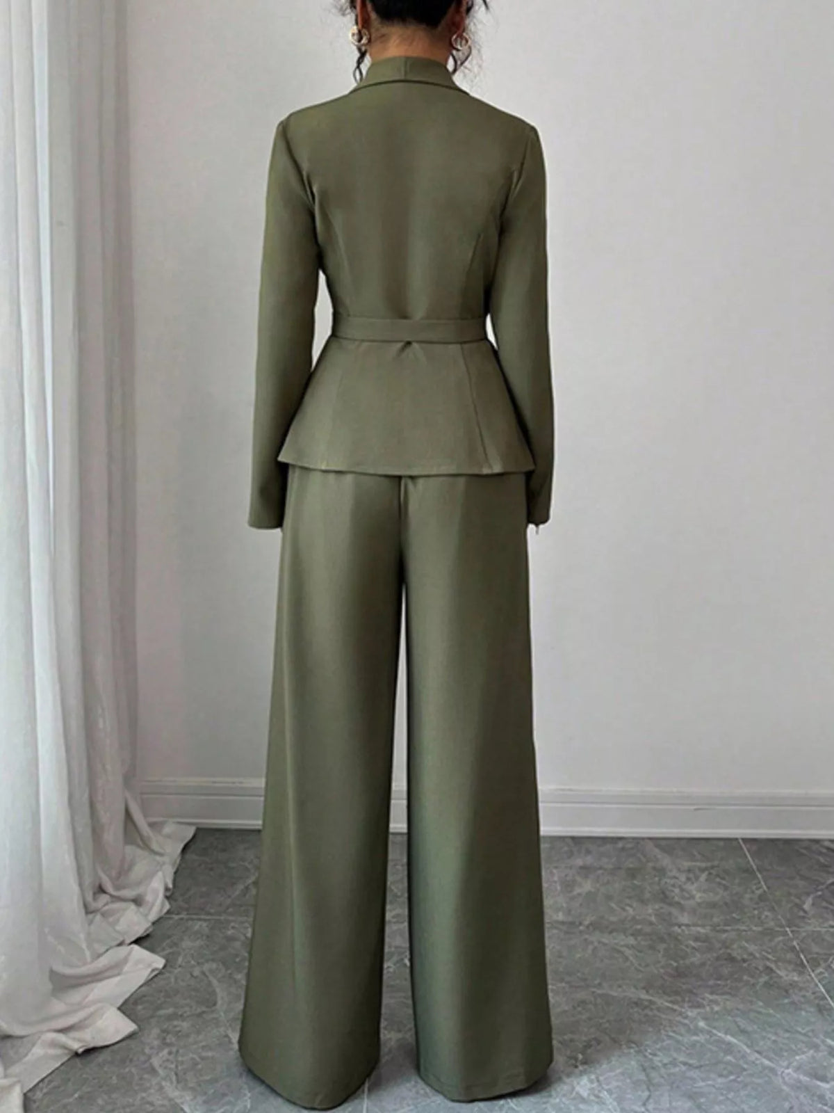 One Button Blazer and Pants Set - Green - View 13