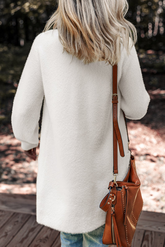 White Fuzzy Buttoned Front Midi Solid Cardigan - White - 2