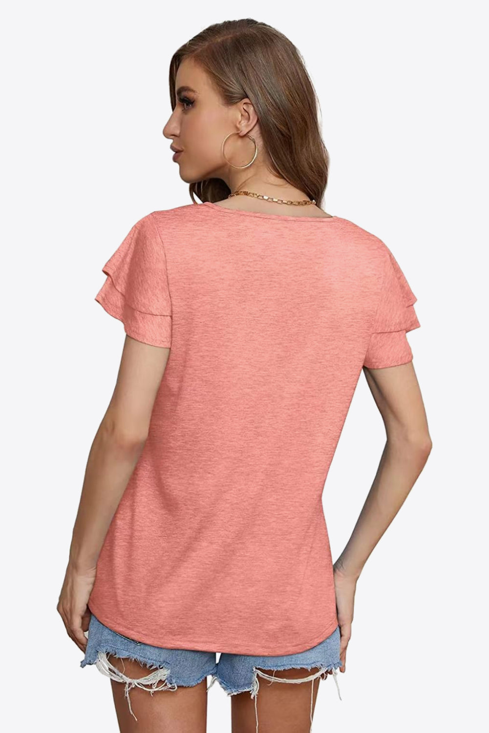 Tie-Neck Layered Flutter Sleeve Blouse - Peach - View 15