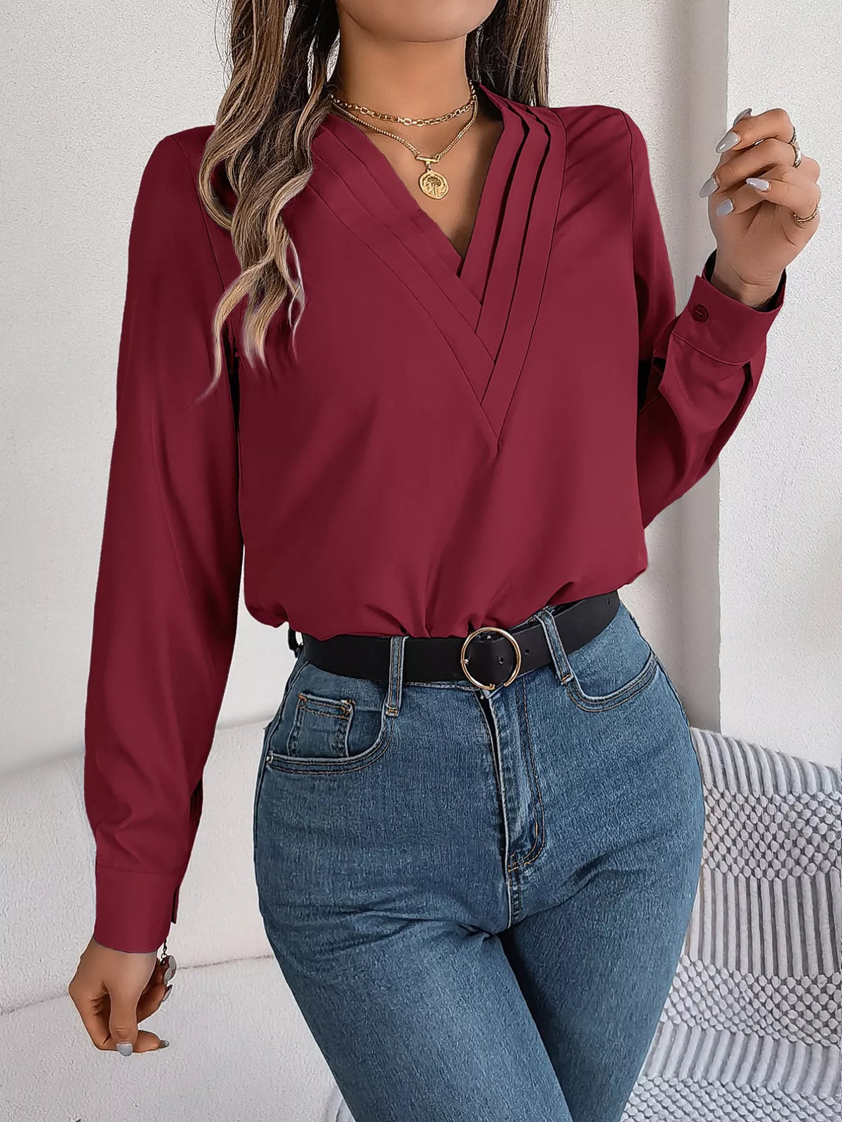 Layered V-Neck Long Sleeve Blouse - Burgundy - View 28