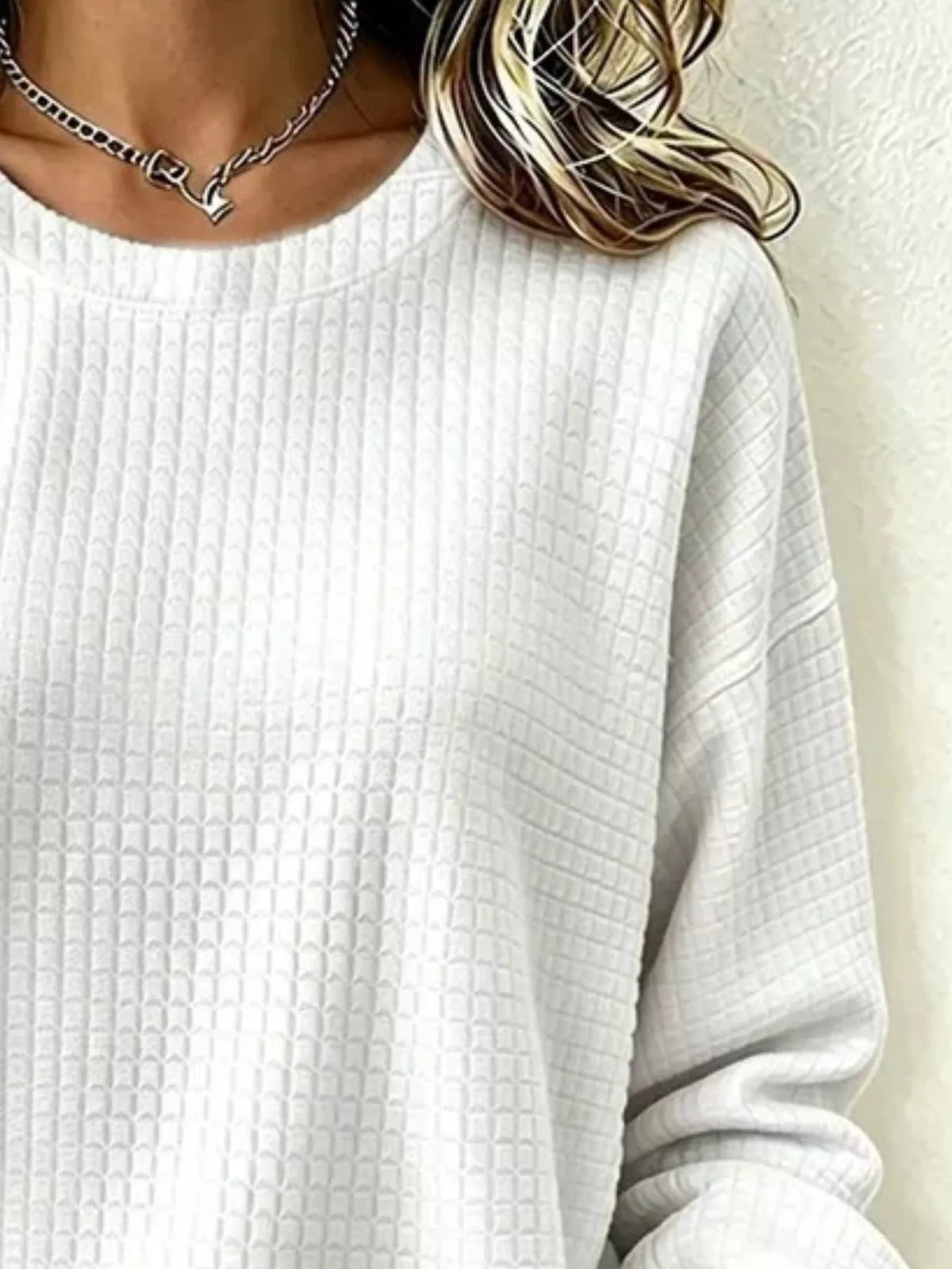 Full Size Waffle Knit Long Sleeve Crew Neck Sweatshirt Plus Size - White - View 2