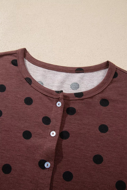 Polka Dot Button Front Long Sleeve Casual Shirt - Brown - View 8