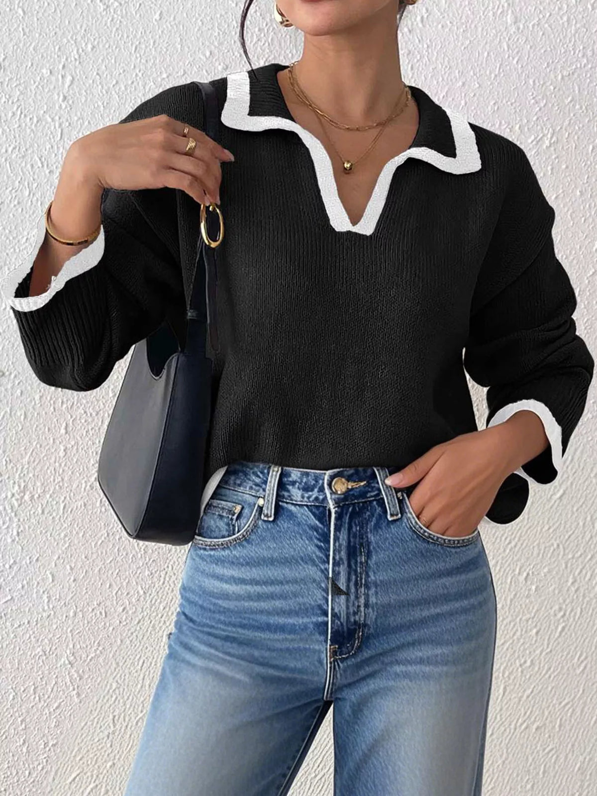 Contrast Trim Polo Collar Sweater - Black - View 3