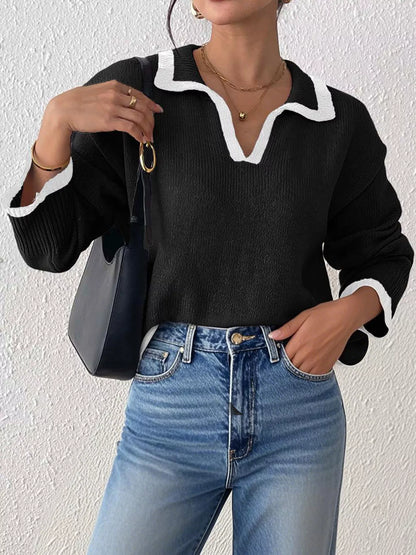 Contrast Trim Polo Collar Sweater - Black - View 3