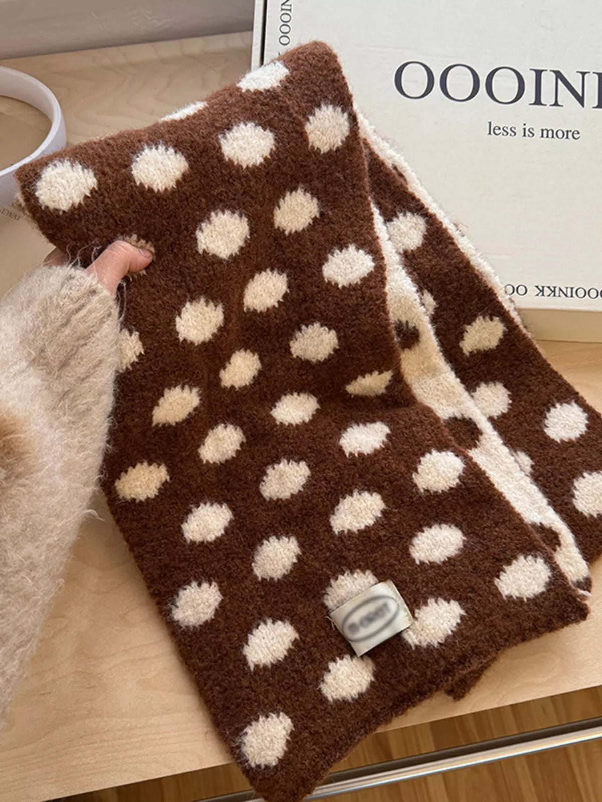Polka Dot Knitted Scarf - Brown - View 4