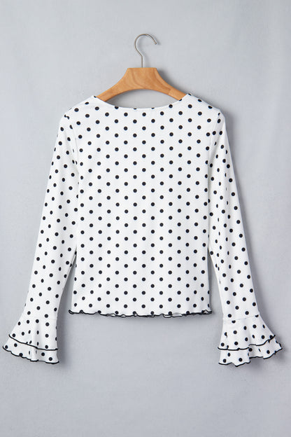 Black Polka Dot Print Lettuce Trim Long Sleeve Top