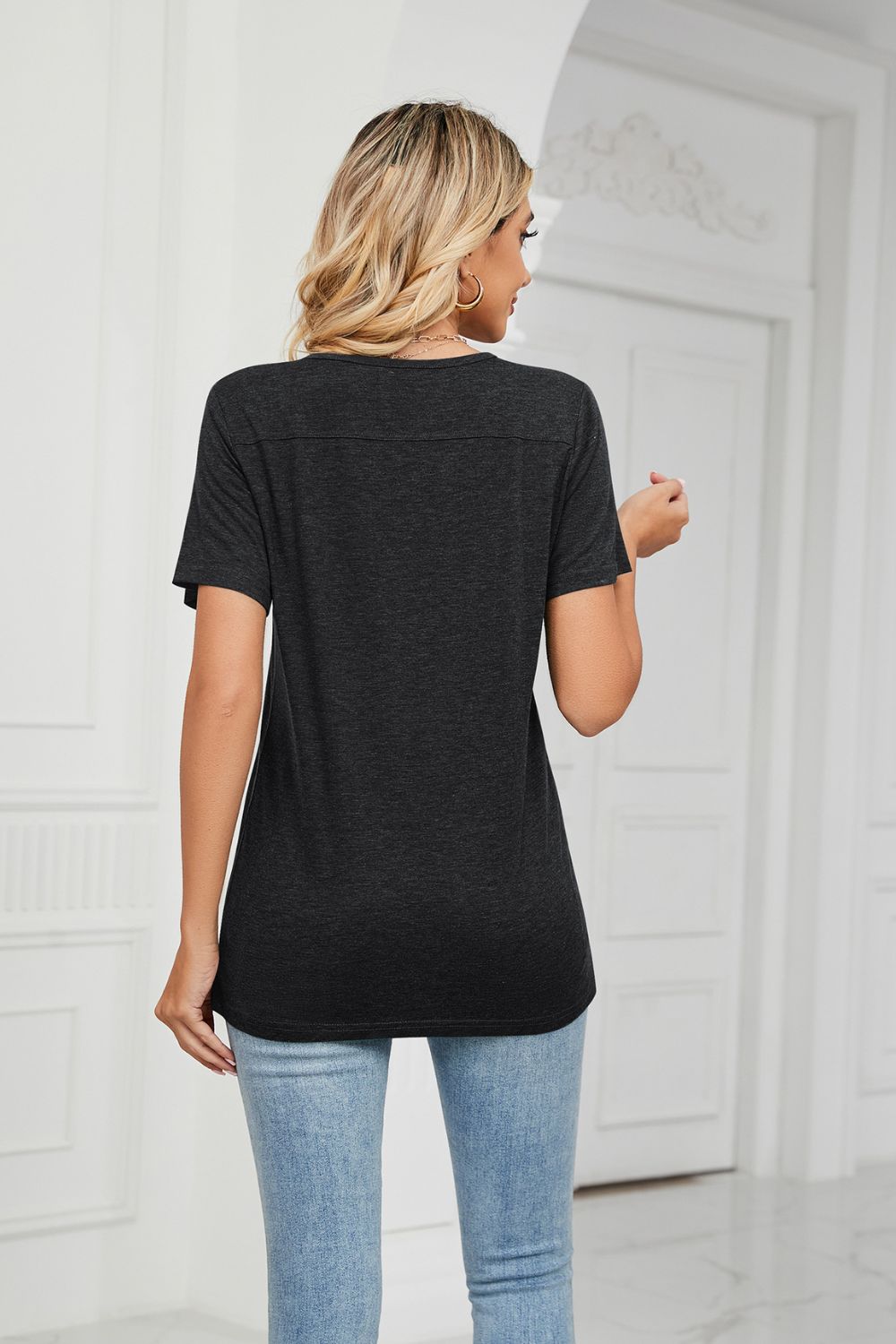Decorative Button V-Neck T-Shirt - Black - View 12