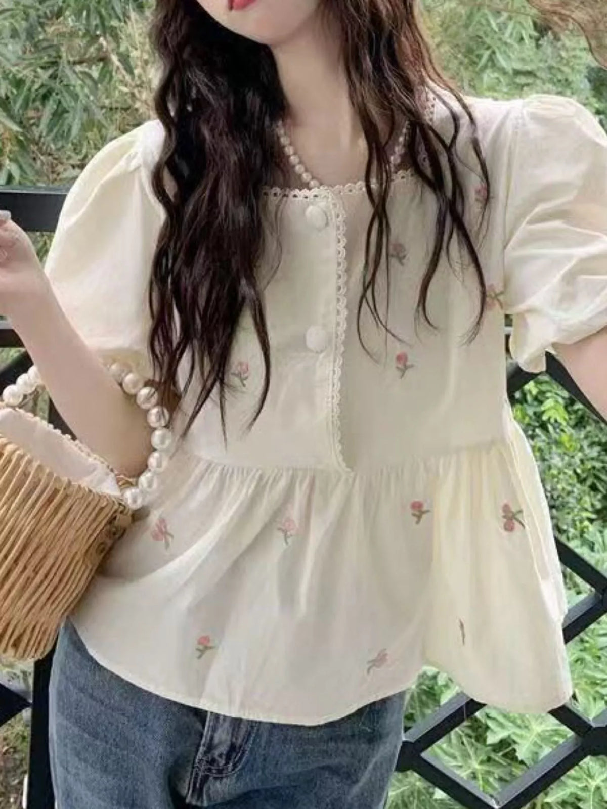 Floral Embroidered Puff Sleeve Peplum Blouse - Picture Color - View 1