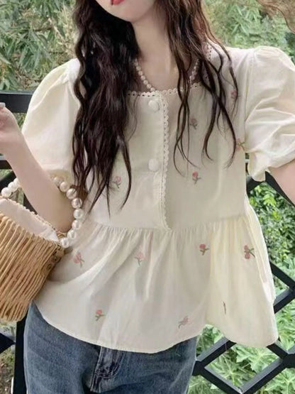 Floral Embroidered Puff Sleeve Peplum Blouse - Picture Color - View 1