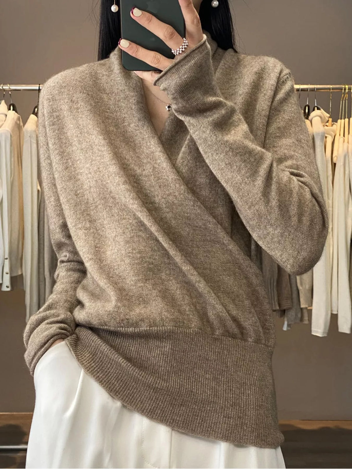 Wrap-Front Long Sleeve Sweater - Camel - View 1