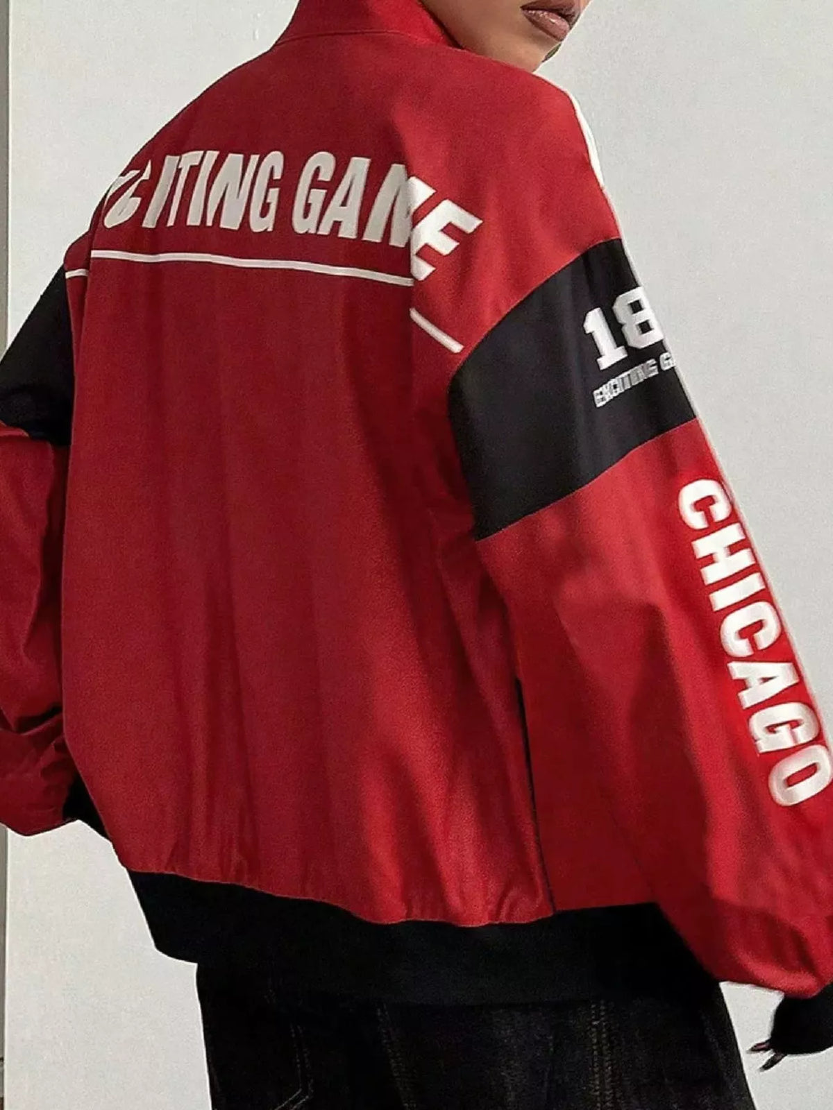 Letter Print Zip Up Jacket - Red - View 2