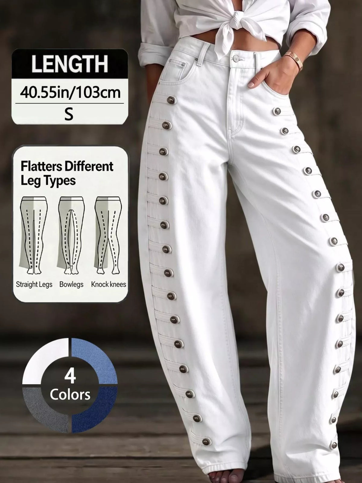 Decorative Button Wide Leg Jeans - White - View 10