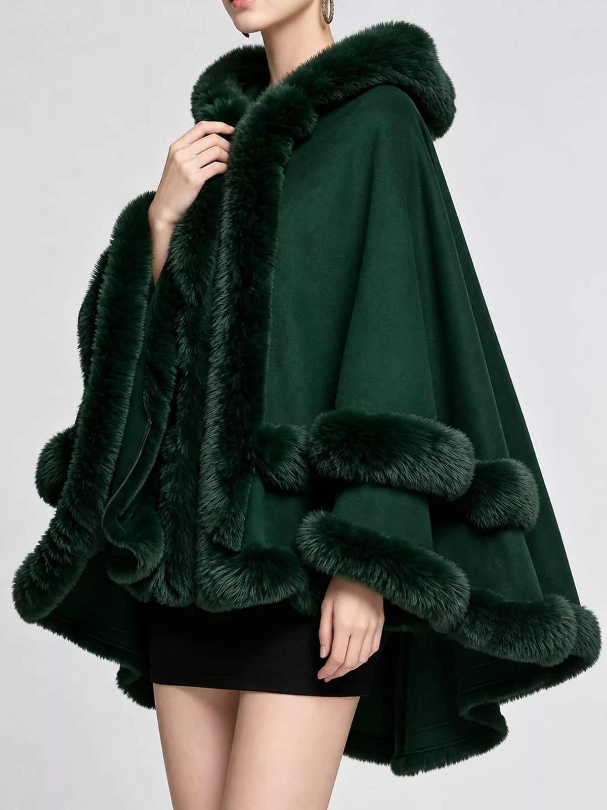 Faux Fur Trimmed Hooded Cape - Dark Green - View 40