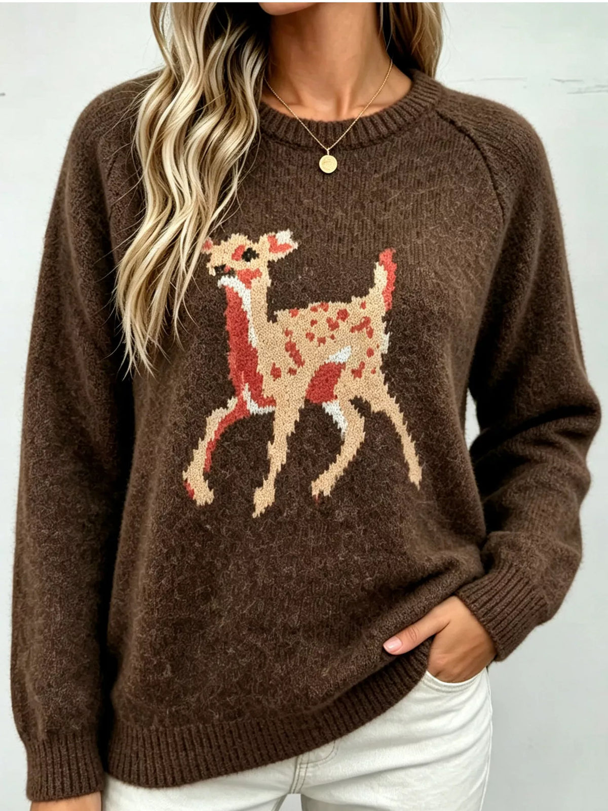 Deer Pattern Raglan Sleeve Sweater - Brown - View 1