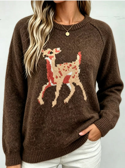 Deer Pattern Raglan Sleeve Sweater - Brown - View 1