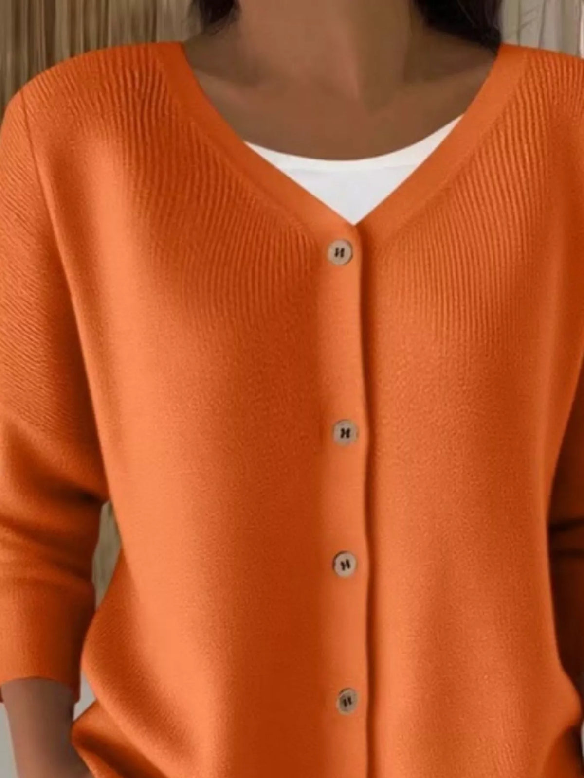 V-Neck Button-Down Ribbed Knit Cardigan - Orange - View 2