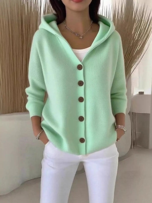 Full Size Hooded Button-Down Knit Cardigan Plus Size - Gum Leaf - View 1