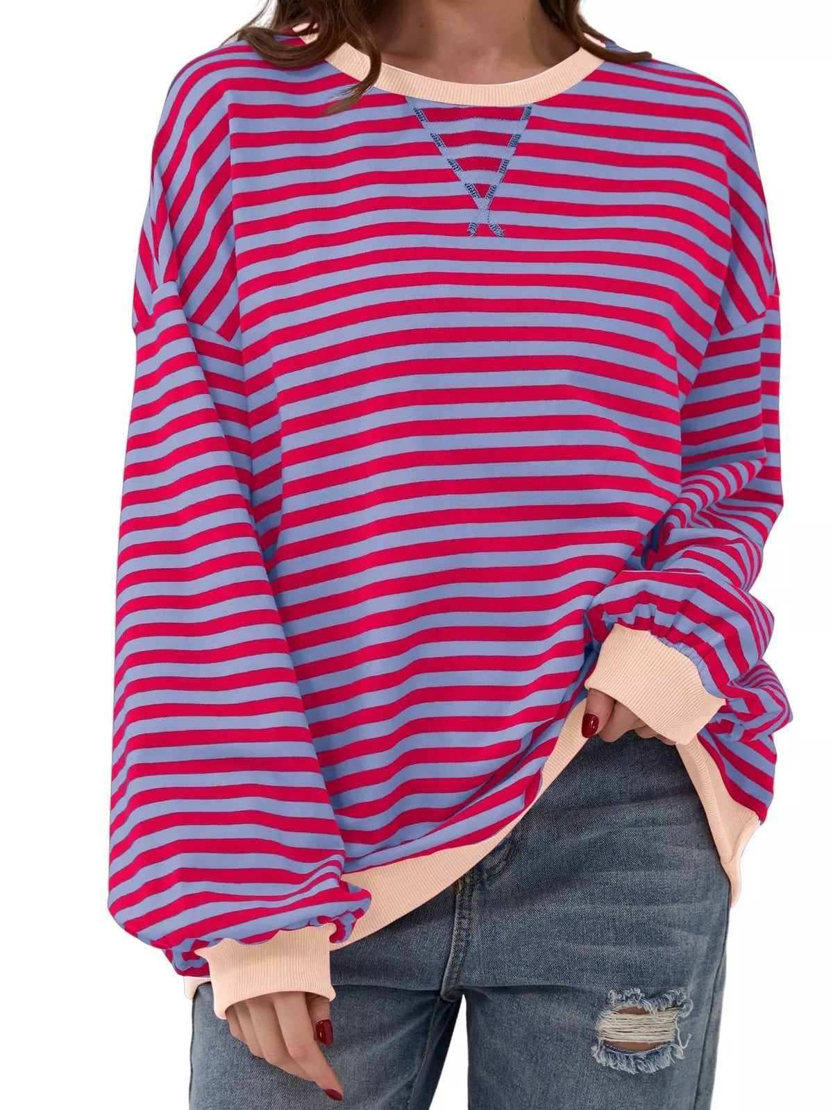 Striped Contrast Trim Oversized Sweatshirt - Purple Pink - View 1