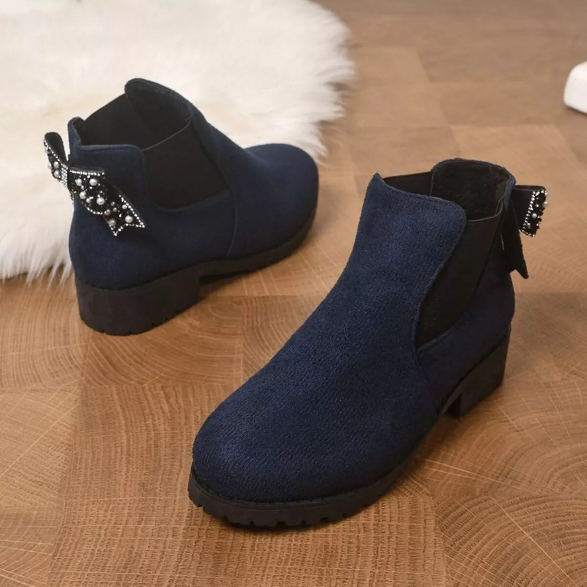 Round Toe Block Heels Boots - Navy - View 12
