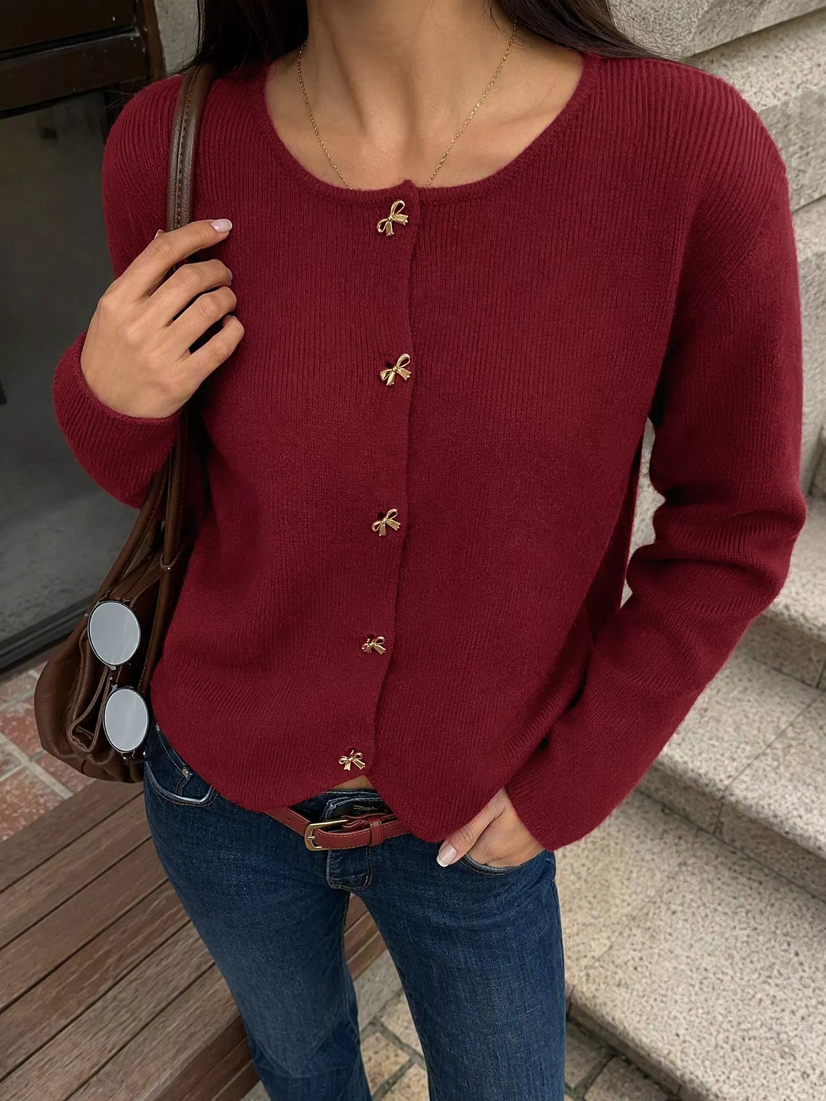 Bow Button Up Knit Cardigan - Burgundy - View 3