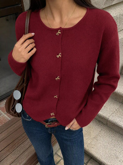 Bow Button Up Knit Cardigan - Burgundy - View 3