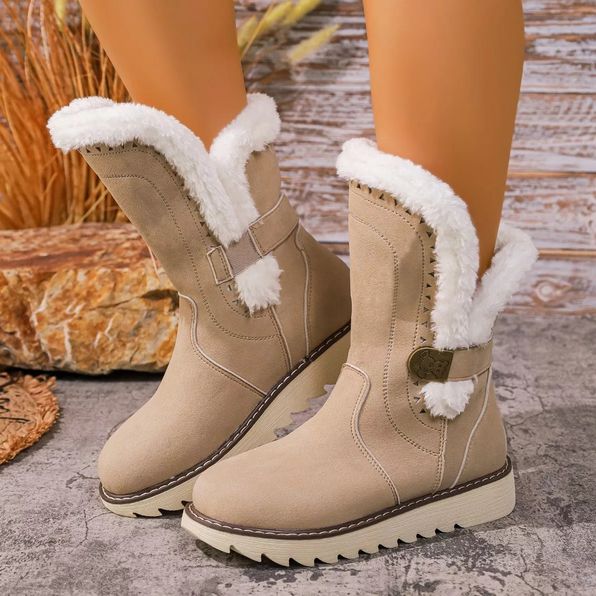 Round Toe Platform Boots - Khaki - View 8