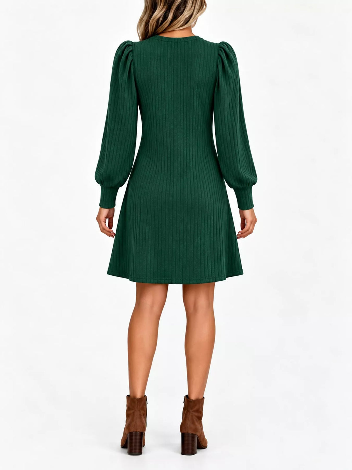 Puff Sleeve Ribbed Knit Dress with Pockets - Black Forest - View 8