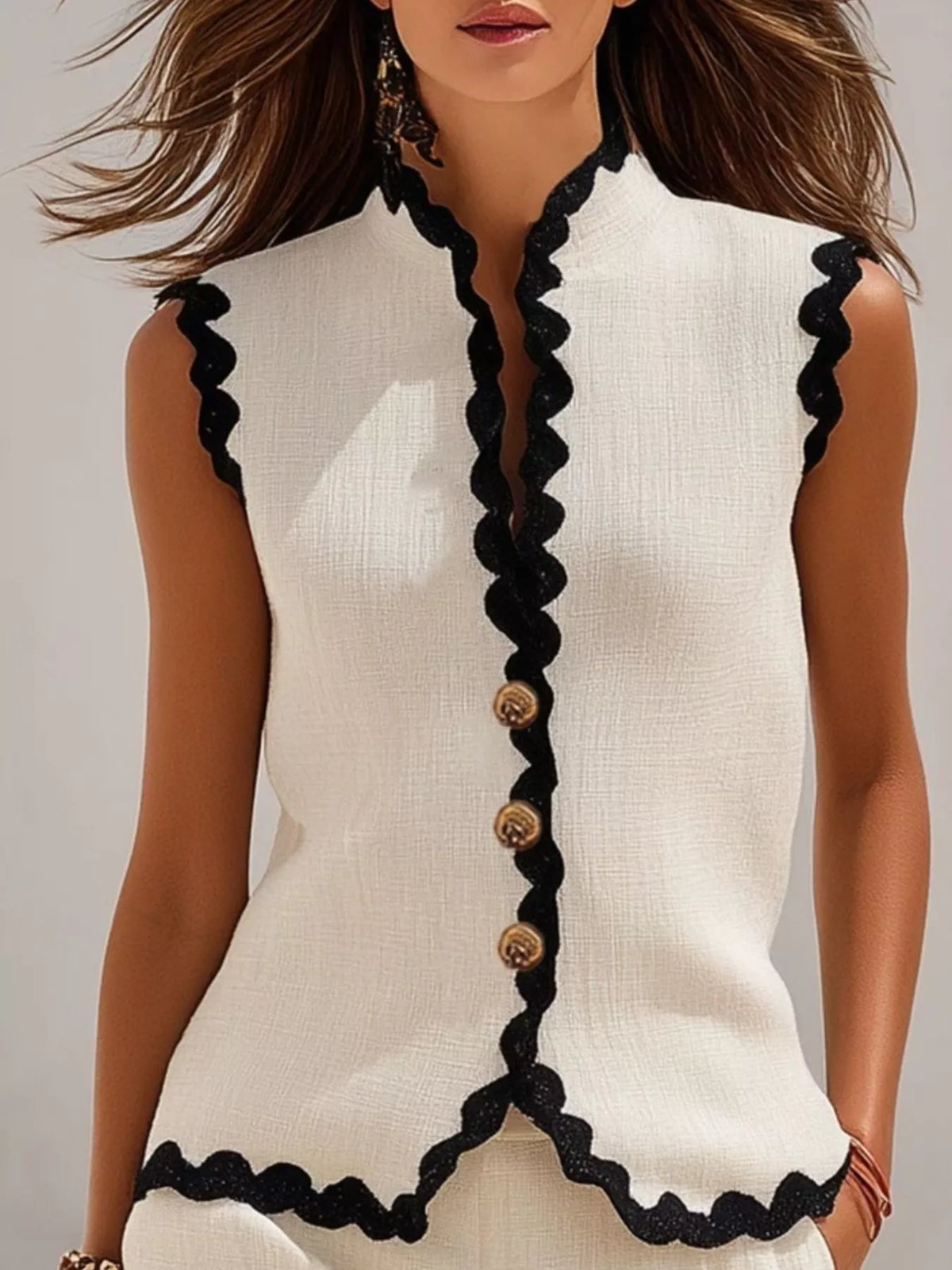 Full Size Contrast Scalloped Trim Sleeveless Top and Shorts Set Plus Size - White - View 2